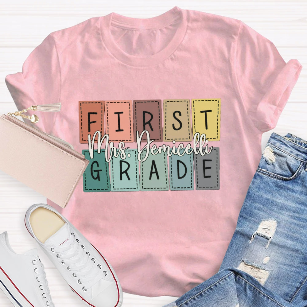 Personalized Name And Grade First Grade Colored Small Squares T-shirt