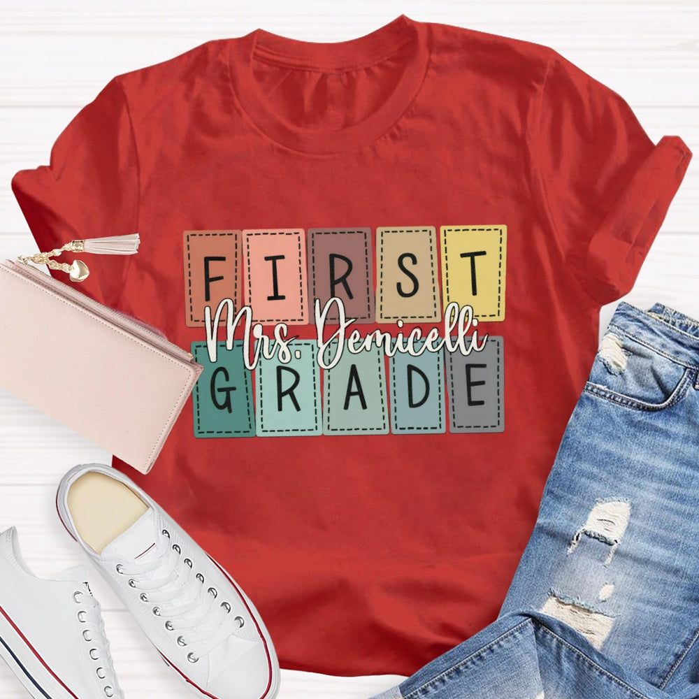 Personalized Name And Grade First Grade Colored Small Squares T-shirt