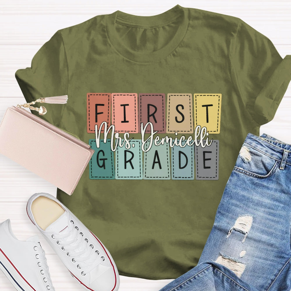 Personalized Name And Grade First Grade Colored Small Squares T-shirt