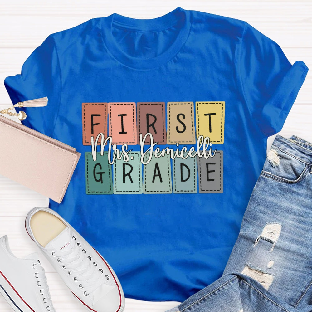 Personalized Name And Grade First Grade Colored Small Squares T-shirt