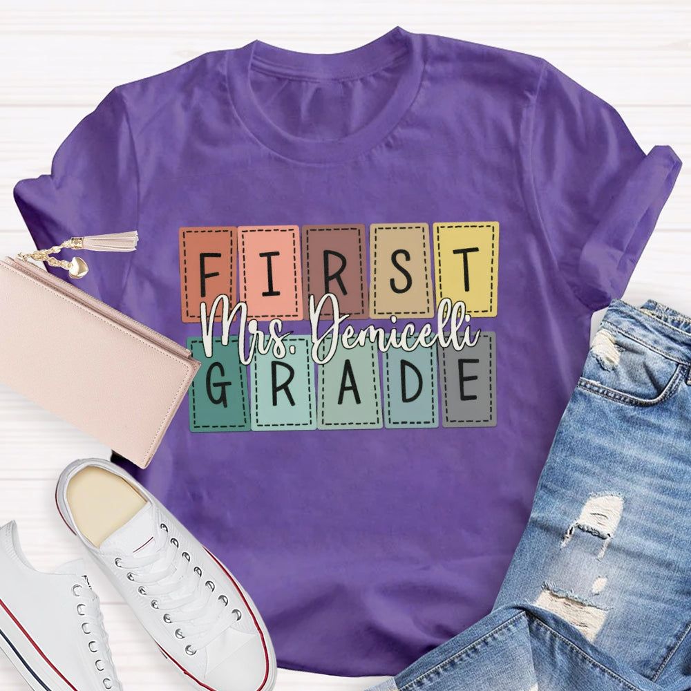 Personalized Name And Grade First Grade Colored Small Squares T-shirt