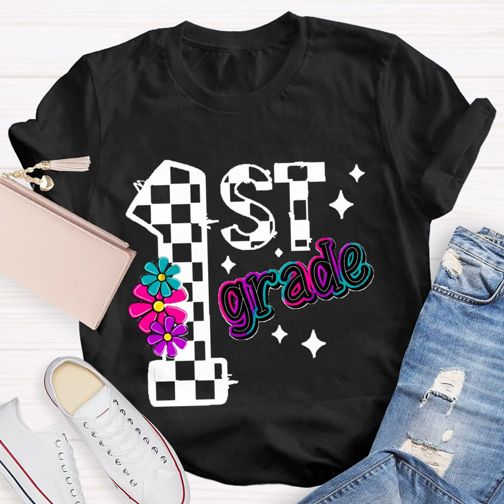 Personalized Grade First Grade Colorful Gradient Letters And Flowers T-shirt