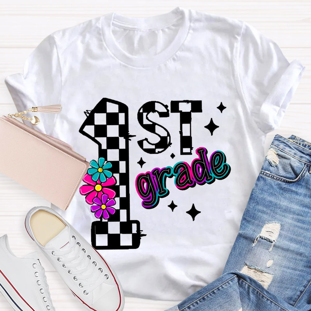 Personalized Grade First Grade Colorful Gradient Letters And Flowers T-shirt