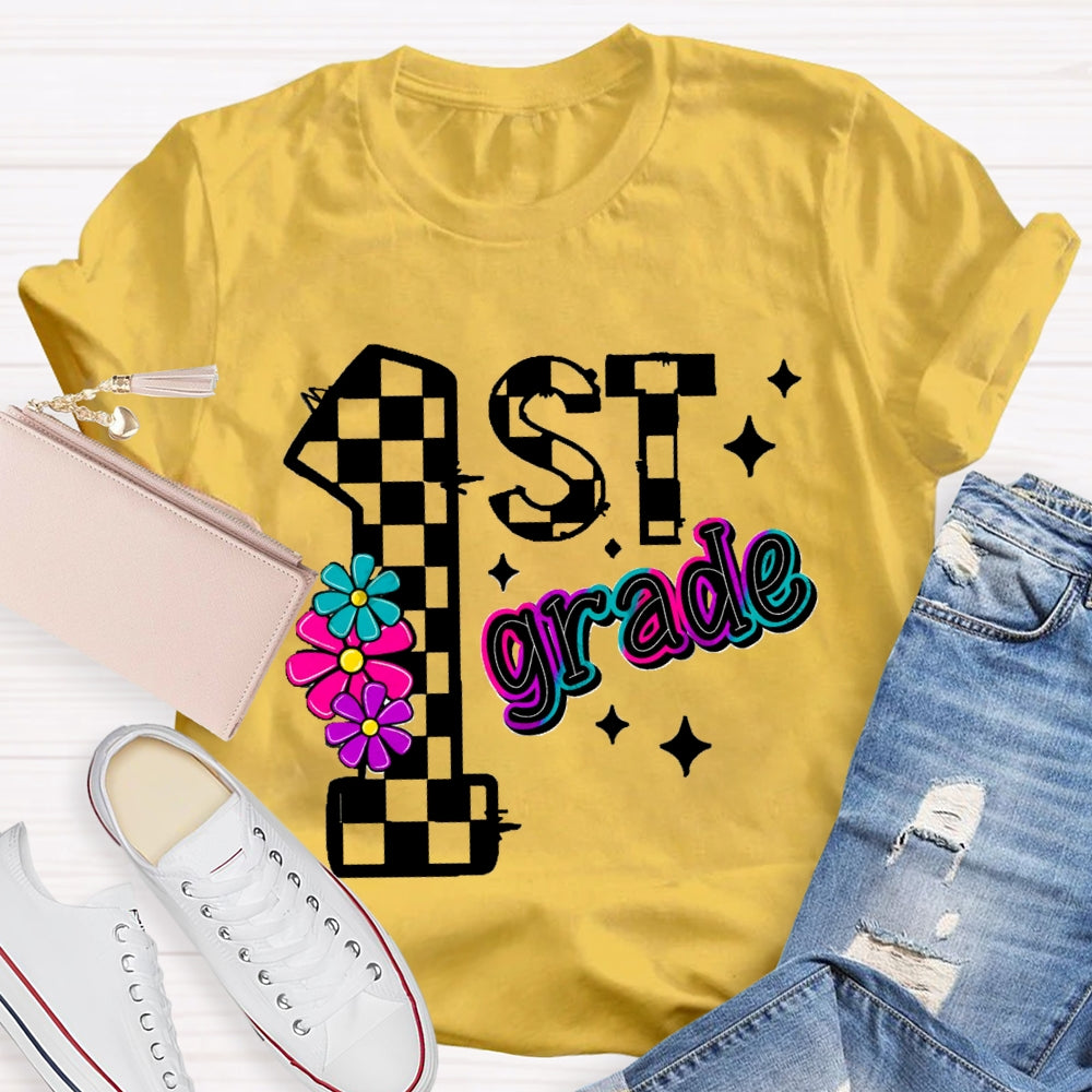 Personalized Grade First Grade Colorful Gradient Letters And Flowers T-shirt