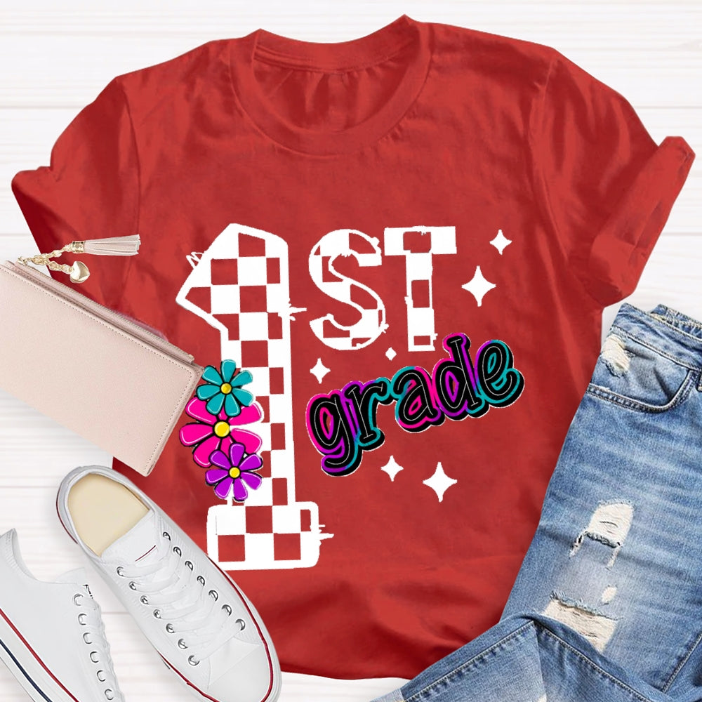 Personalized Grade First Grade Colorful Gradient Letters And Flowers T-shirt