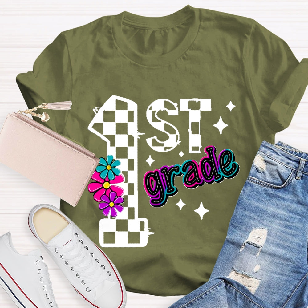 Personalized Grade First Grade Colorful Gradient Letters And Flowers T-shirt
