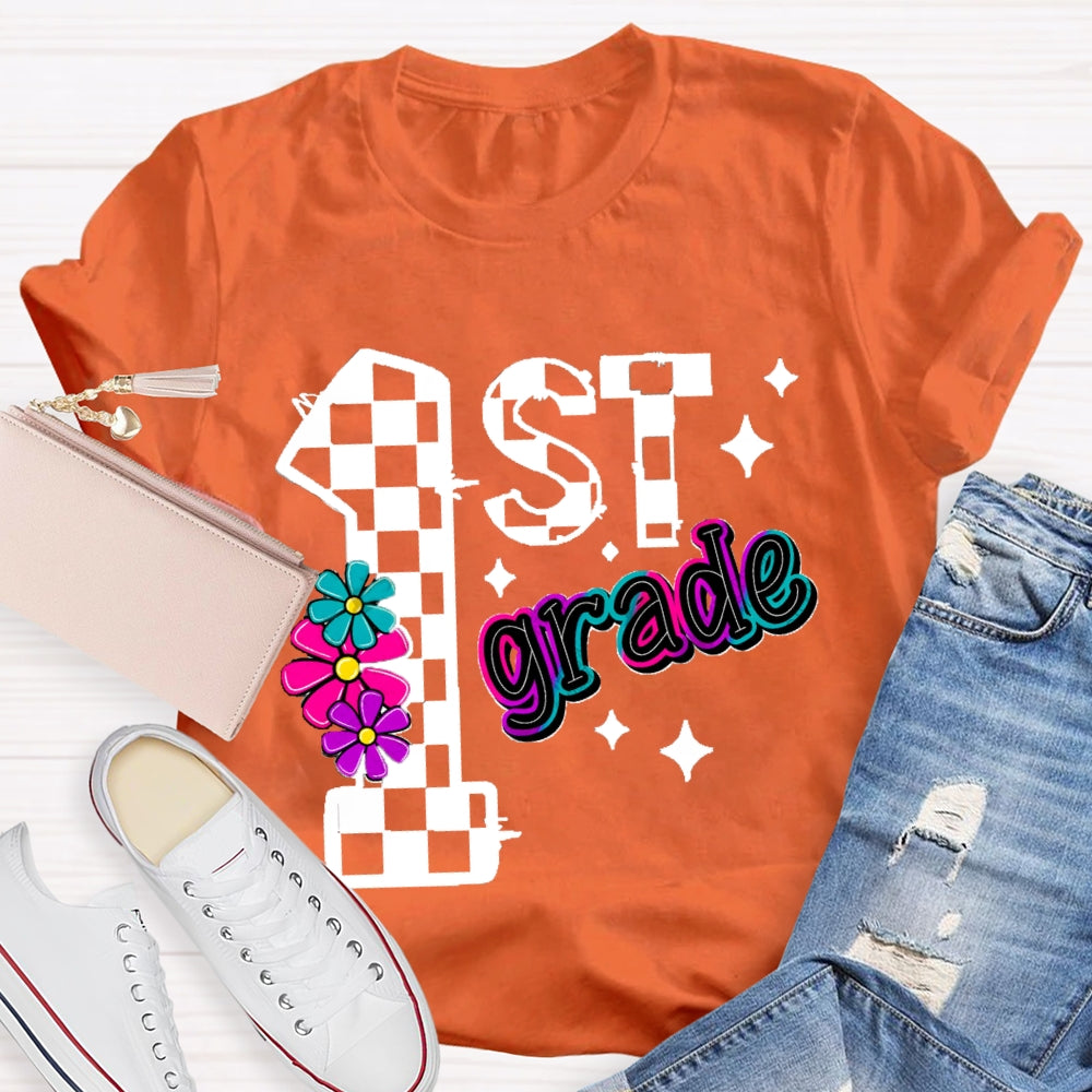 Personalized Grade First Grade Colorful Gradient Letters And Flowers T-shirt