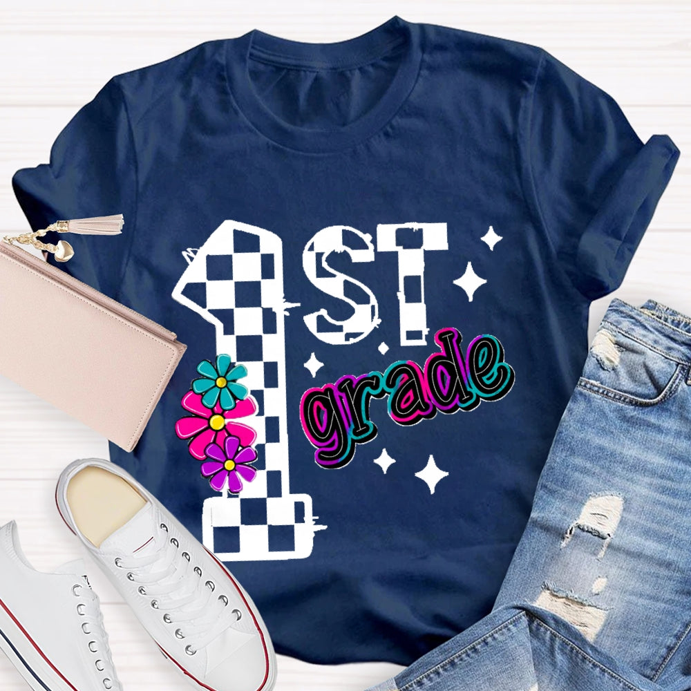 Personalized Grade First Grade Colorful Gradient Letters And Flowers T-shirt
