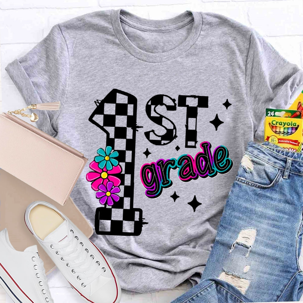 Personalized Grade First Grade Colorful Gradient Letters And Flowers T-shirt