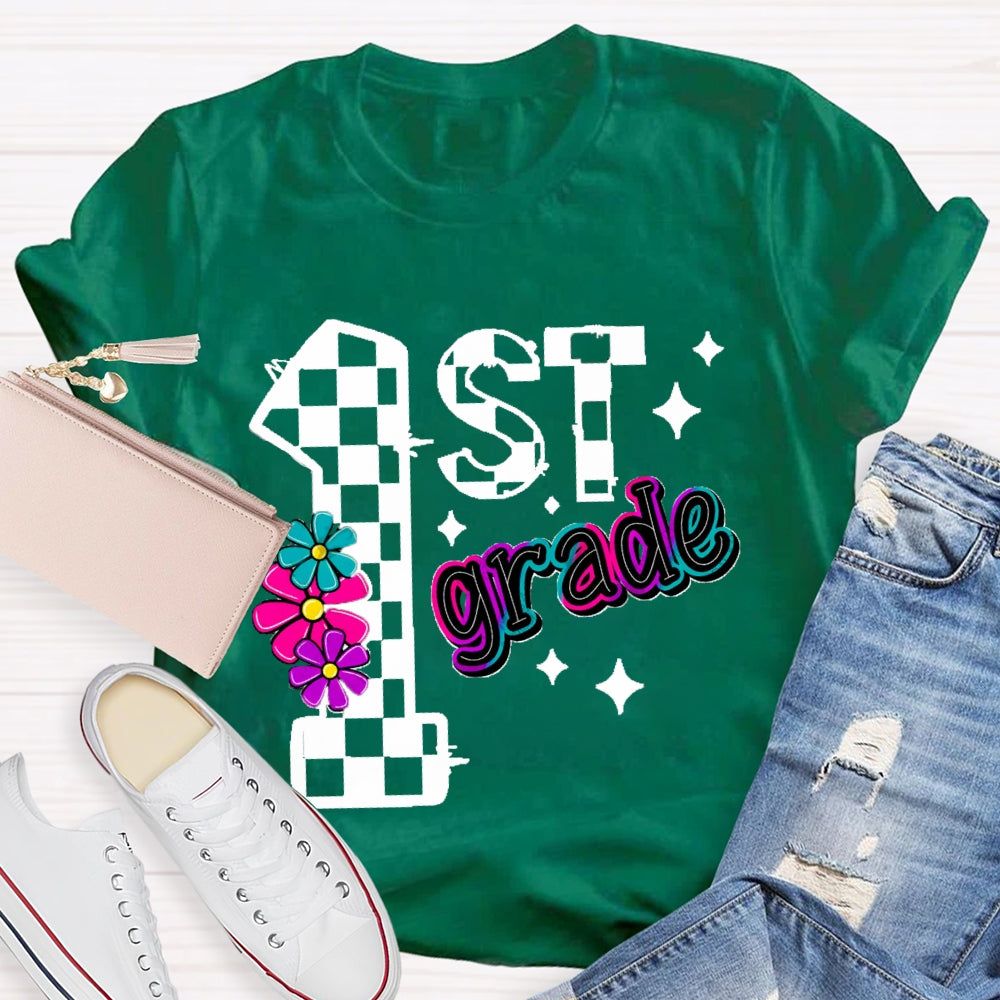 Personalized Grade First Grade Colorful Gradient Letters And Flowers T-shirt