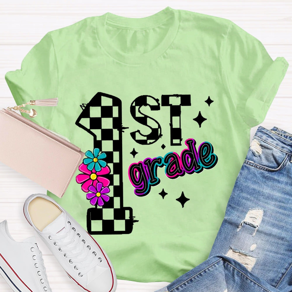 Personalized Grade First Grade Colorful Gradient Letters And Flowers T-shirt