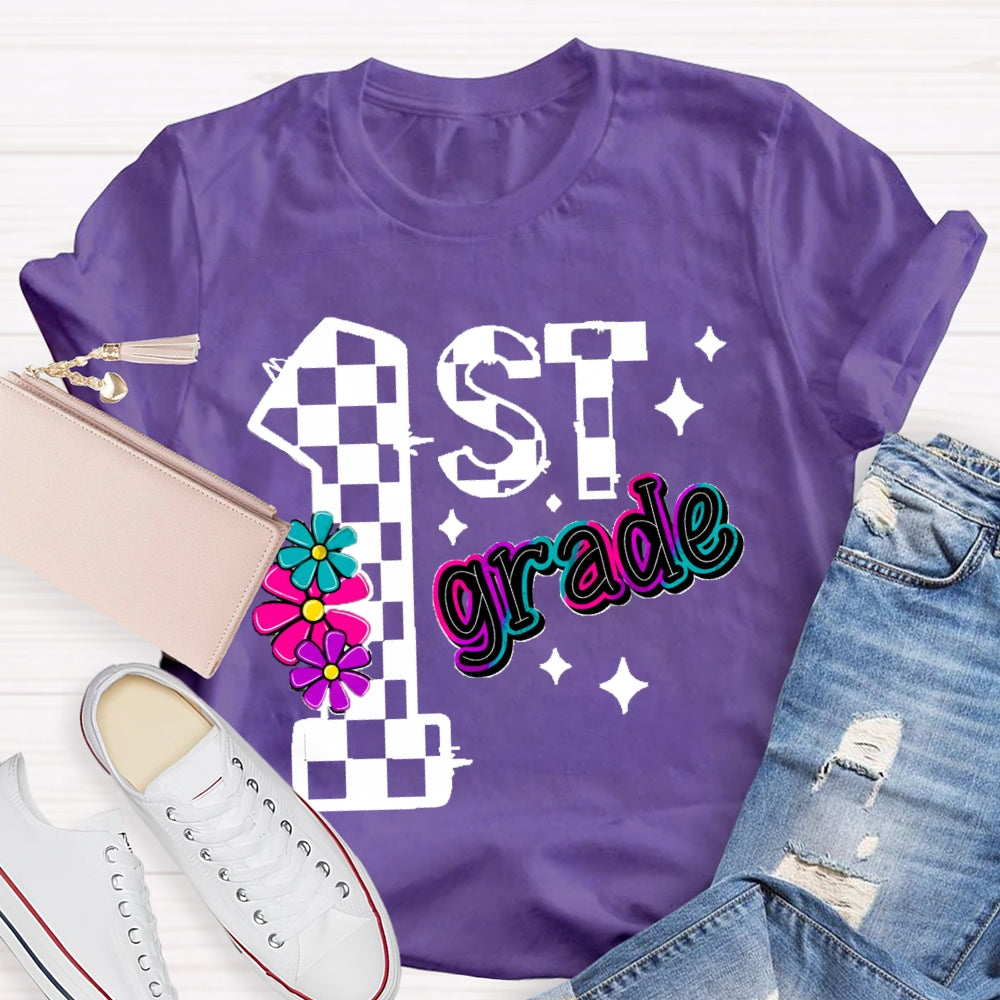 Personalized Grade First Grade Colorful Gradient Letters And Flowers T-shirt