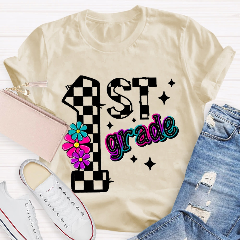 Personalized Grade First Grade Colorful Gradient Letters And Flowers T-shirt