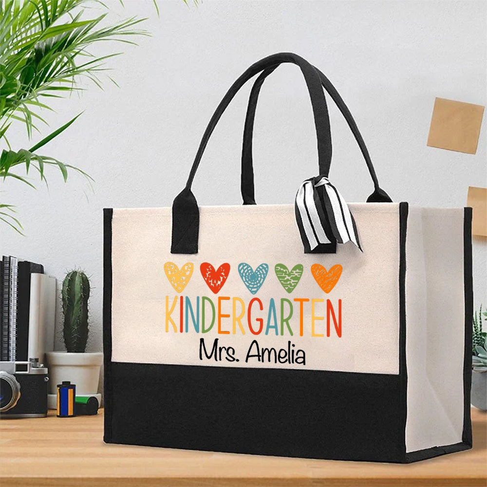 Personalized Kindergarten Teacher Name Colorful Heart Cotton Tote Bag