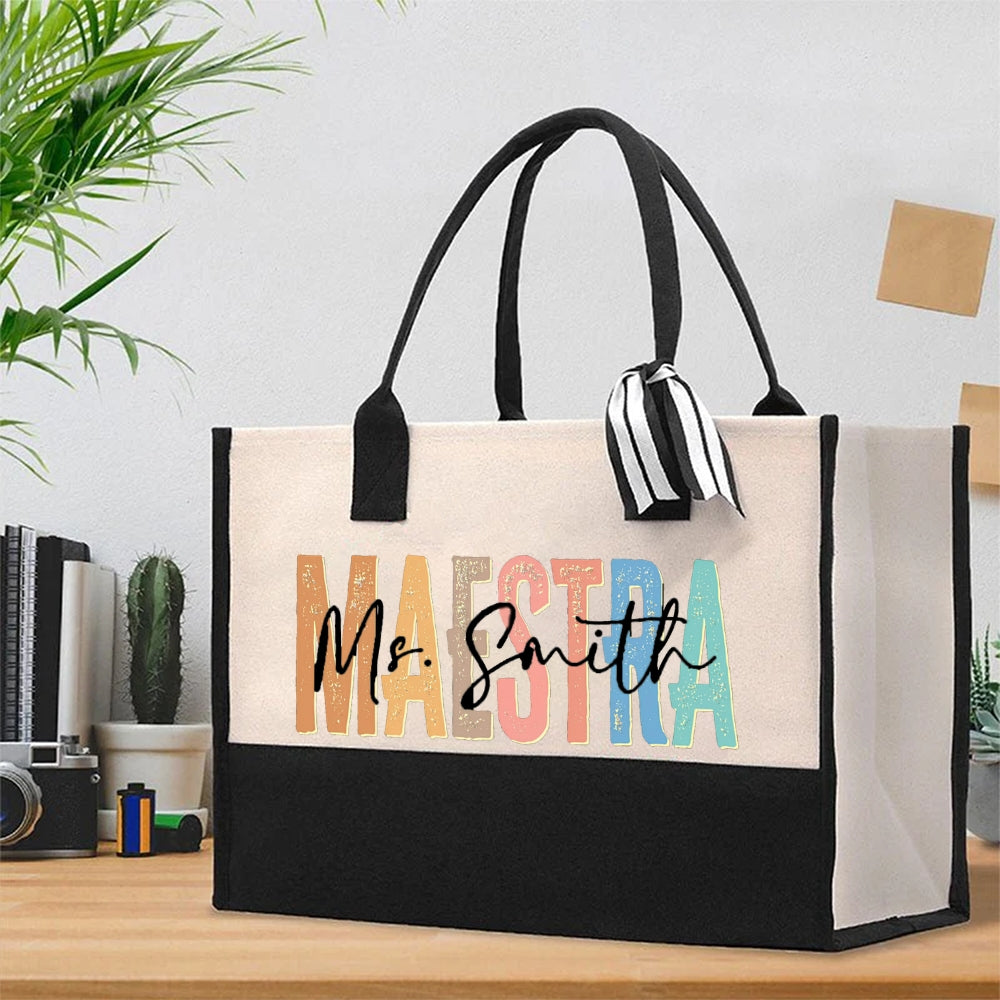 Personalized Maestra Name Colorful Letter Cotton Tote Bag