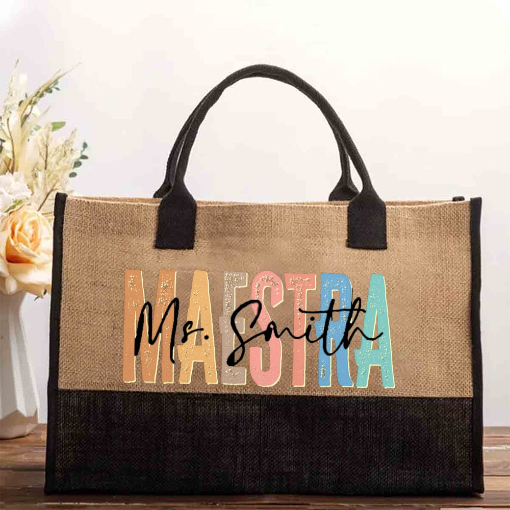 Personalized Maestra Name Colorful Letter Cotton Tote Bag