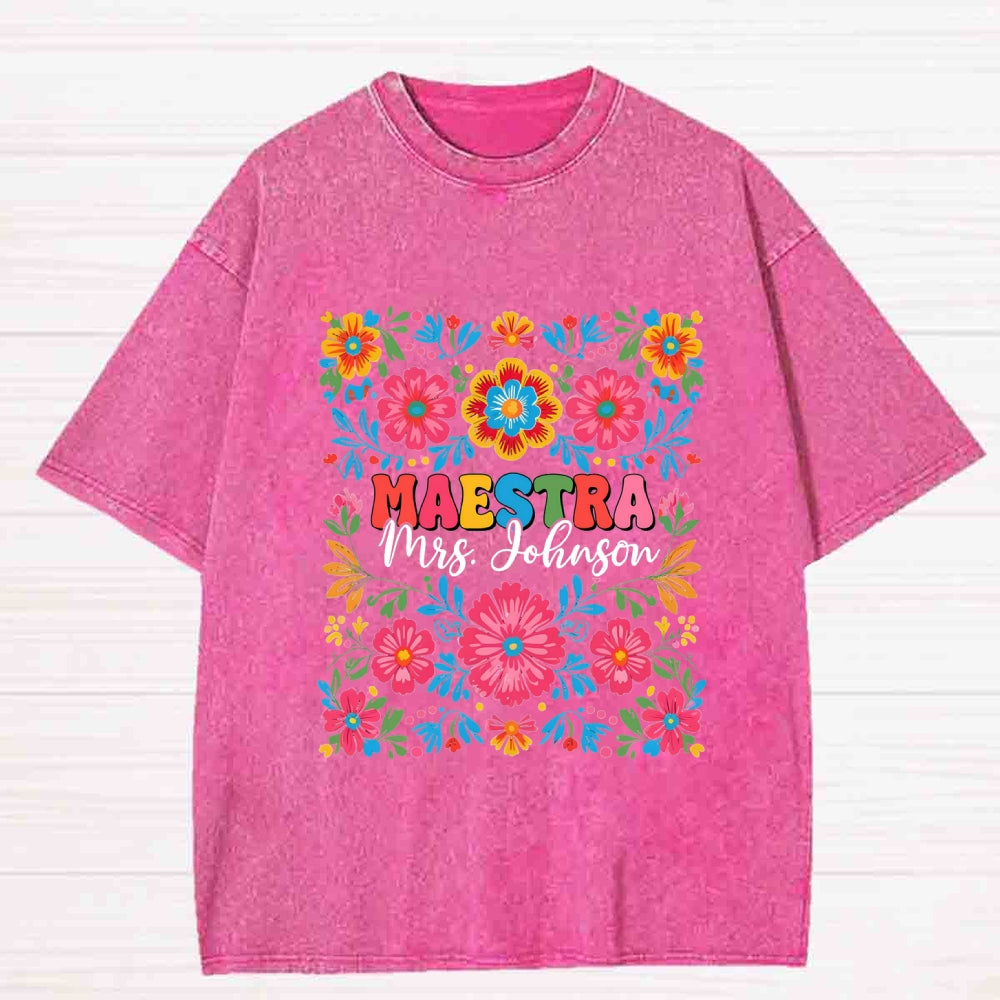 Personalized Name Maestra Bilingual Teacher Flowers Washed T-shirt
