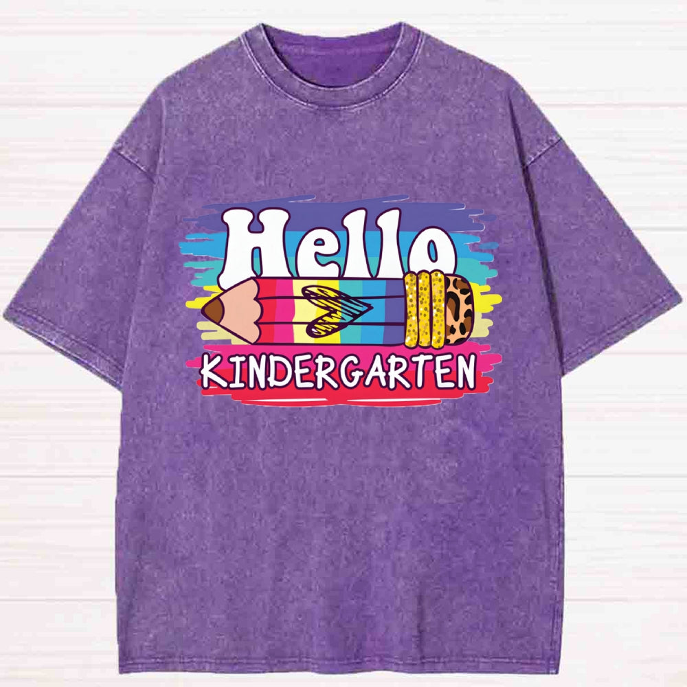 Personalized Grade Hello Kindergarten Leopard Pencil Washed T-shirt