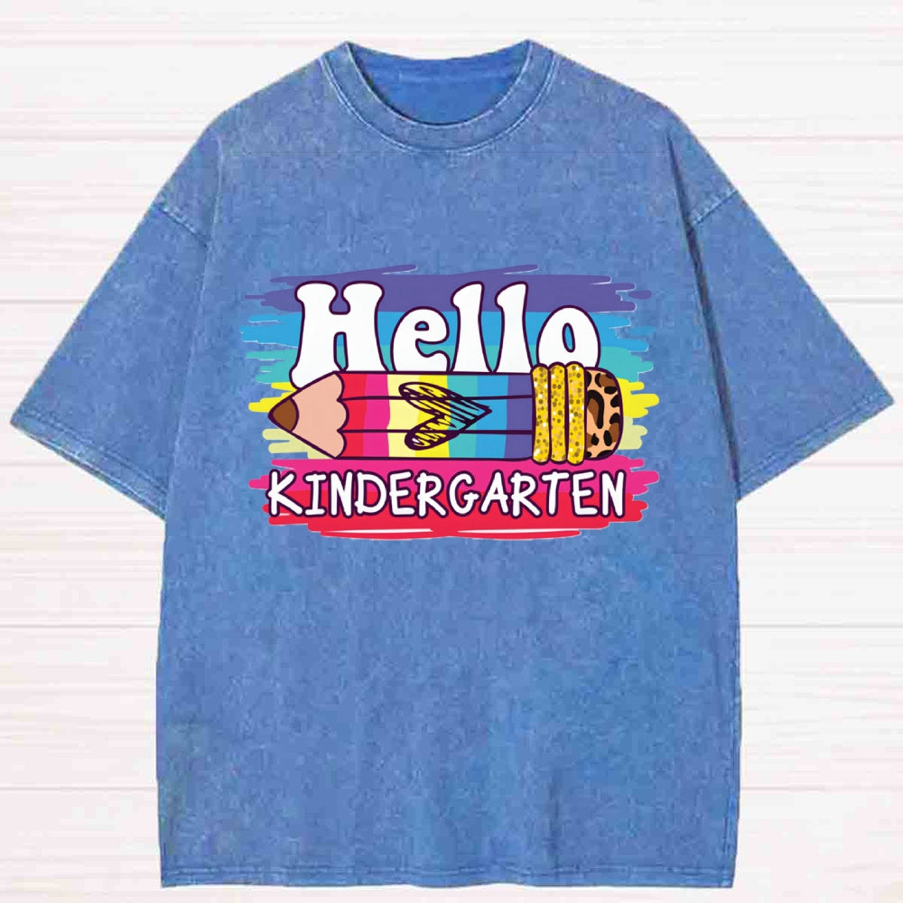 Personalized Grade Hello Kindergarten Leopard Pencil Washed T-shirt
