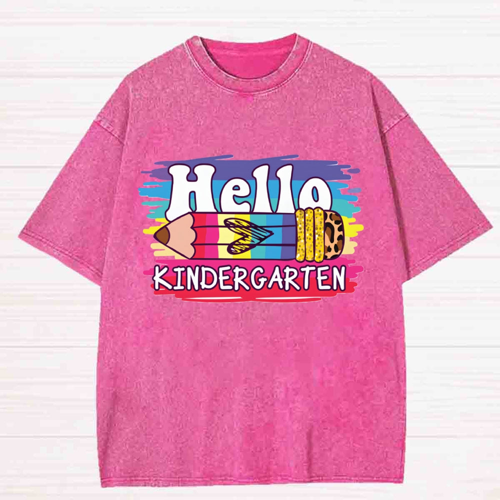 Personalized Grade Hello Kindergarten Leopard Pencil Washed T-shirt