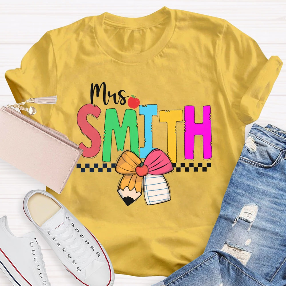 Personalized Name Colorful Bow And Apple Teacher T-shirt