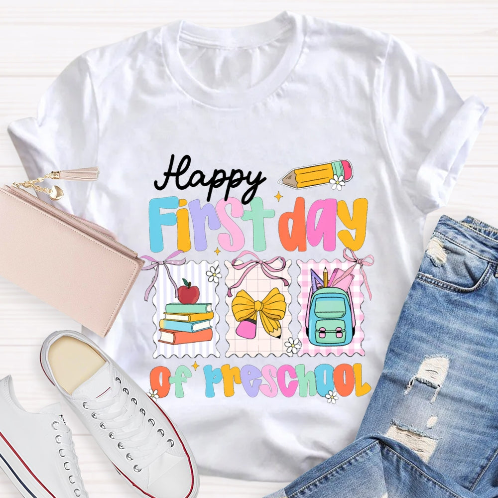 Personalized Grade Happy First Day Of Preschool Yellow Bow T-shirt
