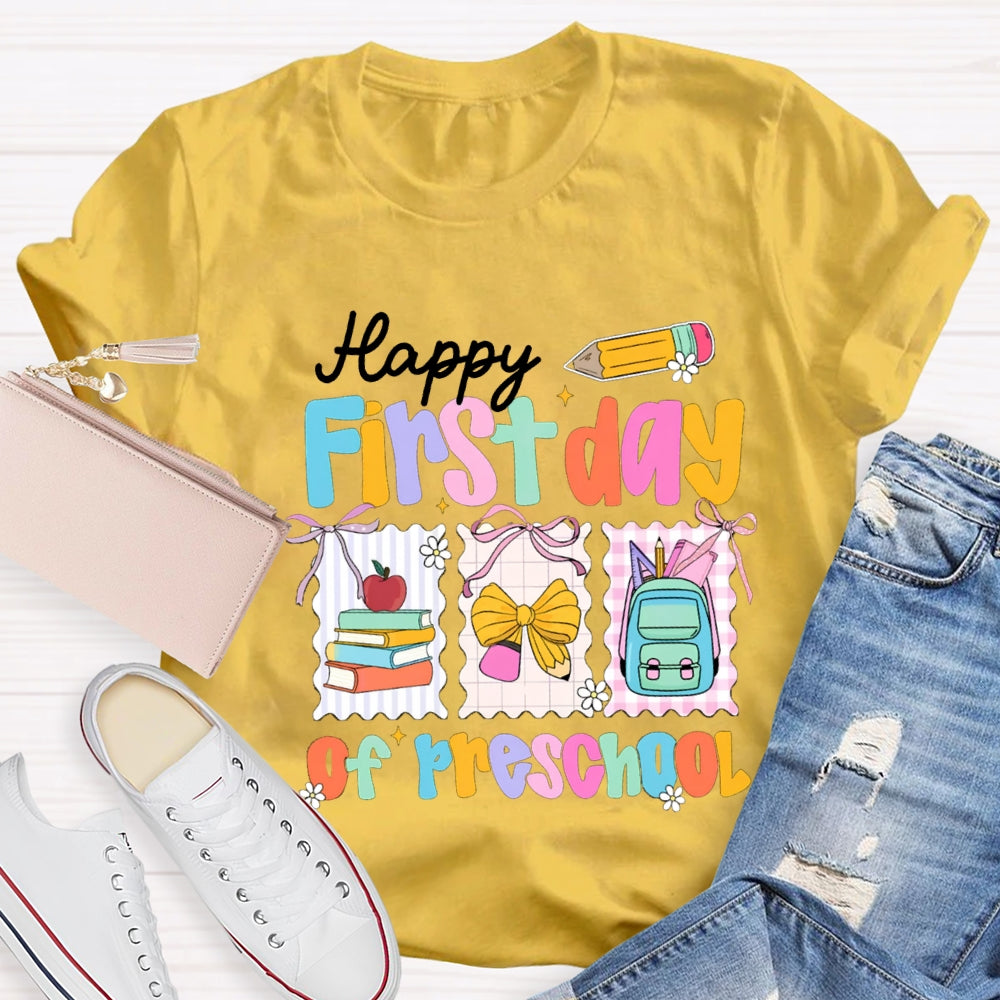 Personalized Grade Happy First Day Of Preschool Yellow Bow T-shirt