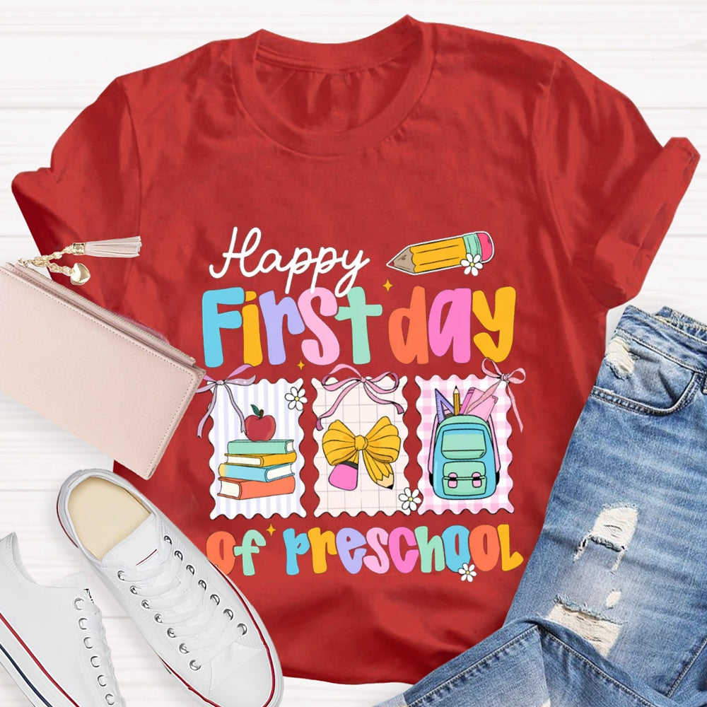Personalized Grade Happy First Day Of Preschool Yellow Bow T-shirt