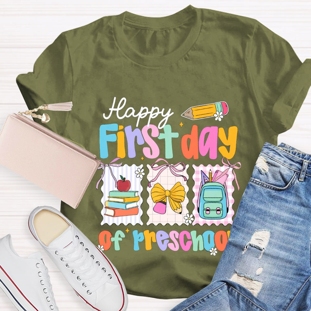 Personalized Grade Happy First Day Of Preschool Yellow Bow T-shirt