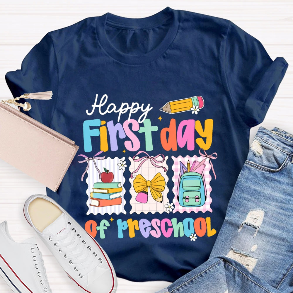 Personalized Grade Happy First Day Of Preschool Yellow Bow T-shirt