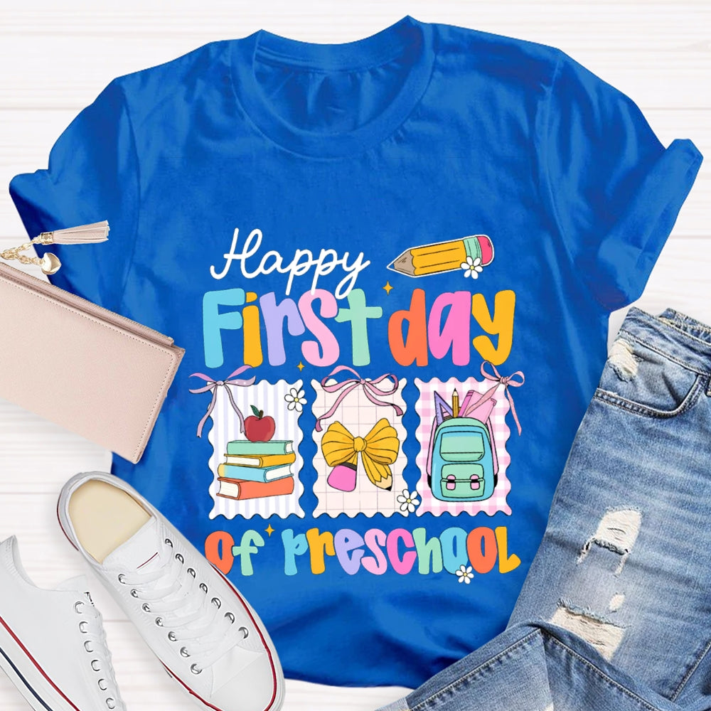Personalized Grade Happy First Day Of Preschool Yellow Bow T-shirt