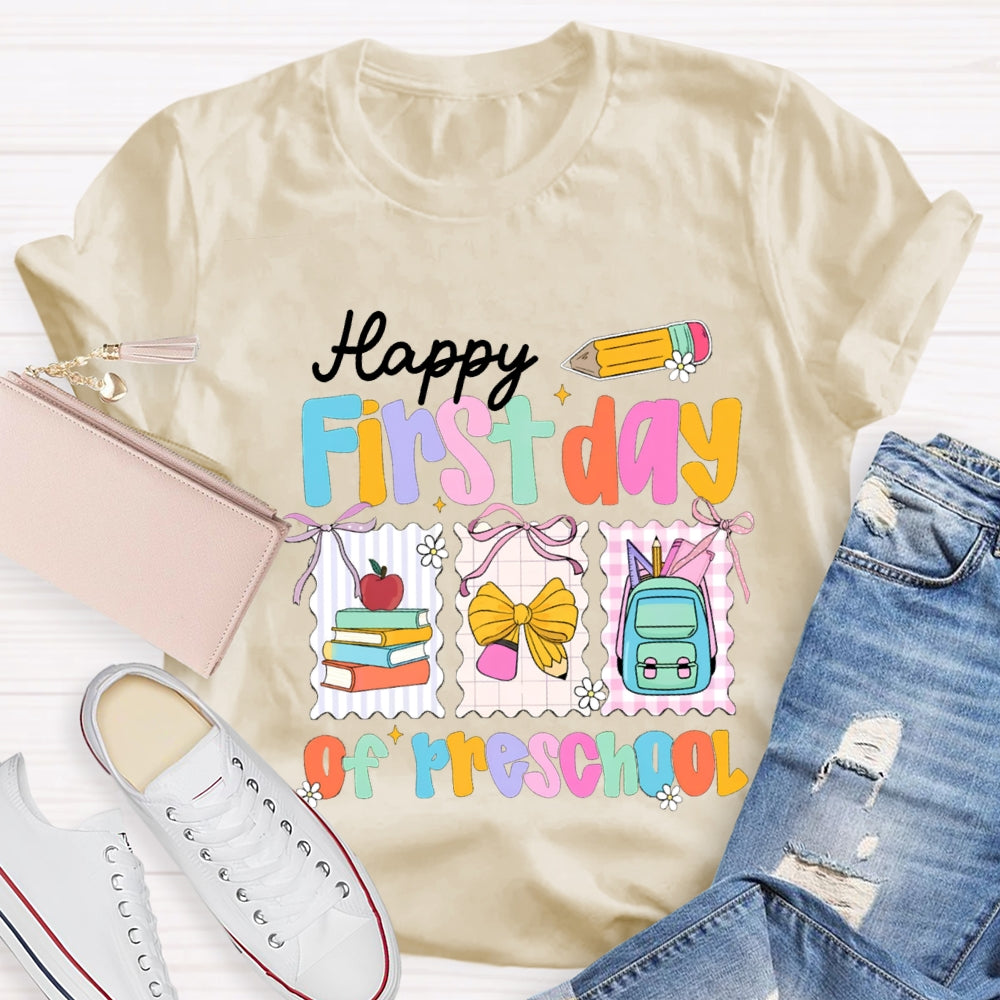 Personalized Grade Happy First Day Of Preschool Yellow Bow T-shirt
