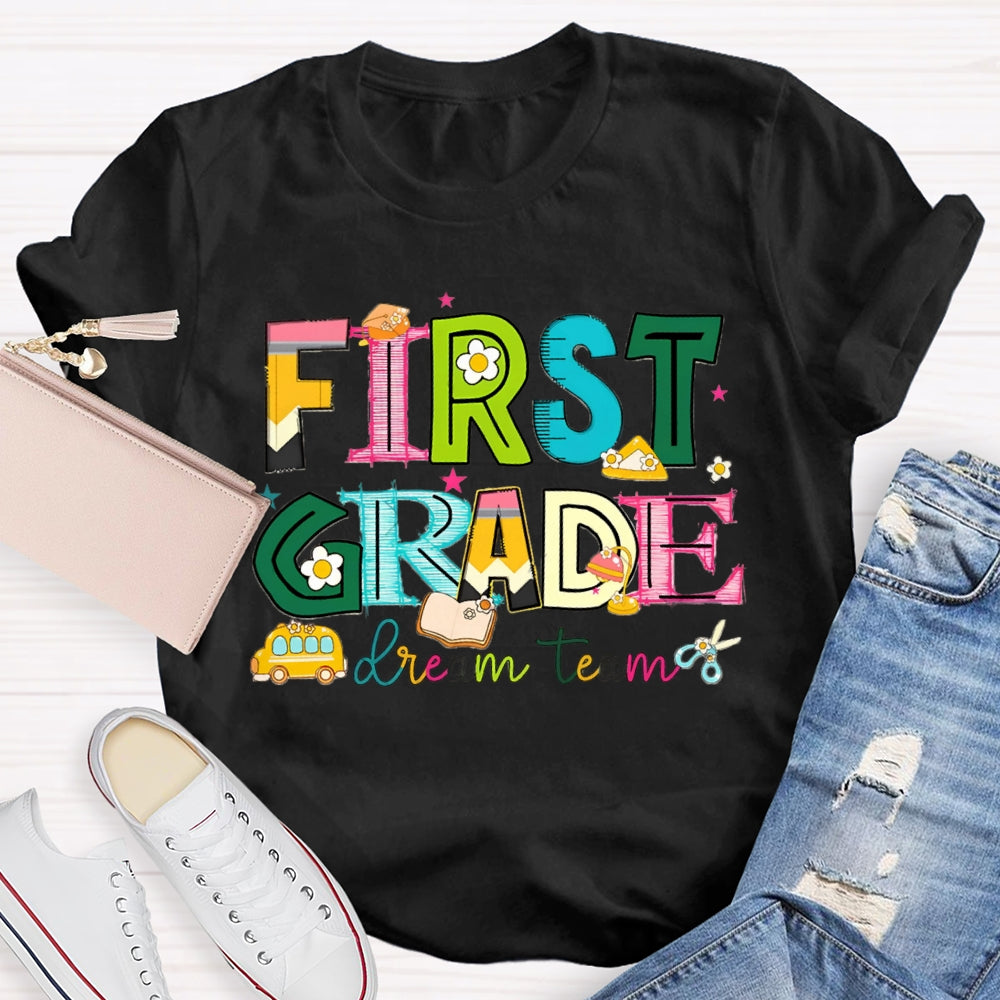 Personalized Grade First Grade Dream Team Colorful Tie-Dye Teacher T-shirt