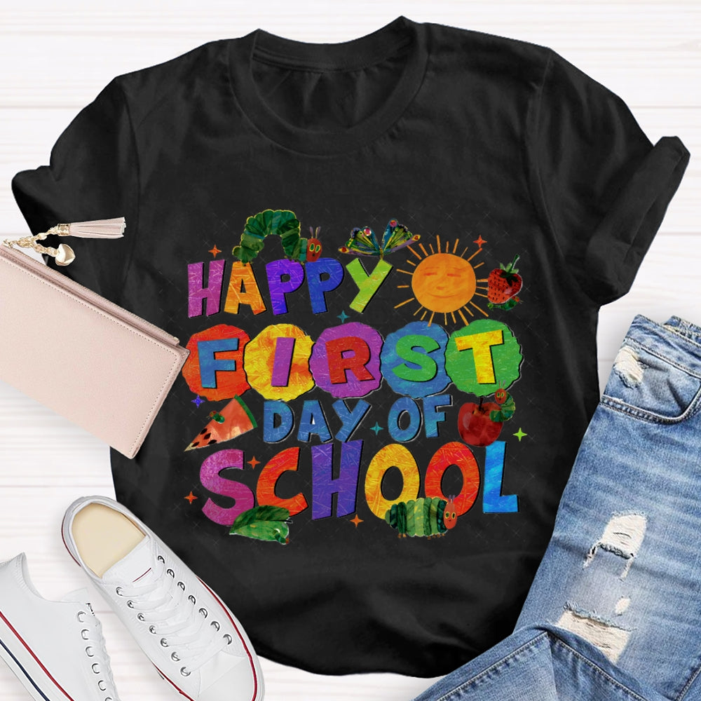 Happy First Day Of School Sun And Caterpillar Teacher T-shirt