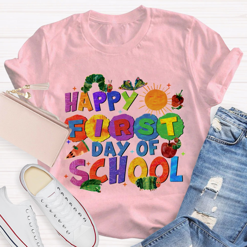 Happy First Day Of School Sun And Caterpillar Teacher T-shirt