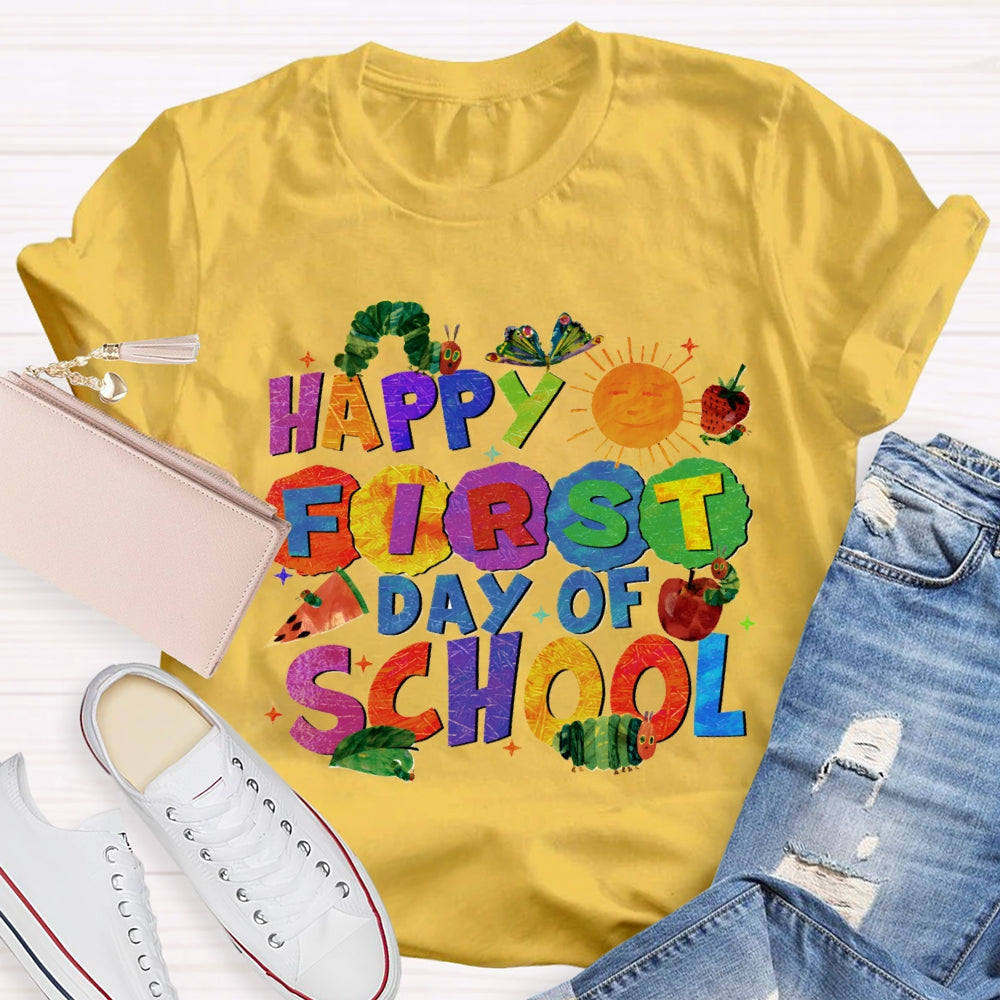 Happy First Day Of School Sun And Caterpillar Teacher T-shirt