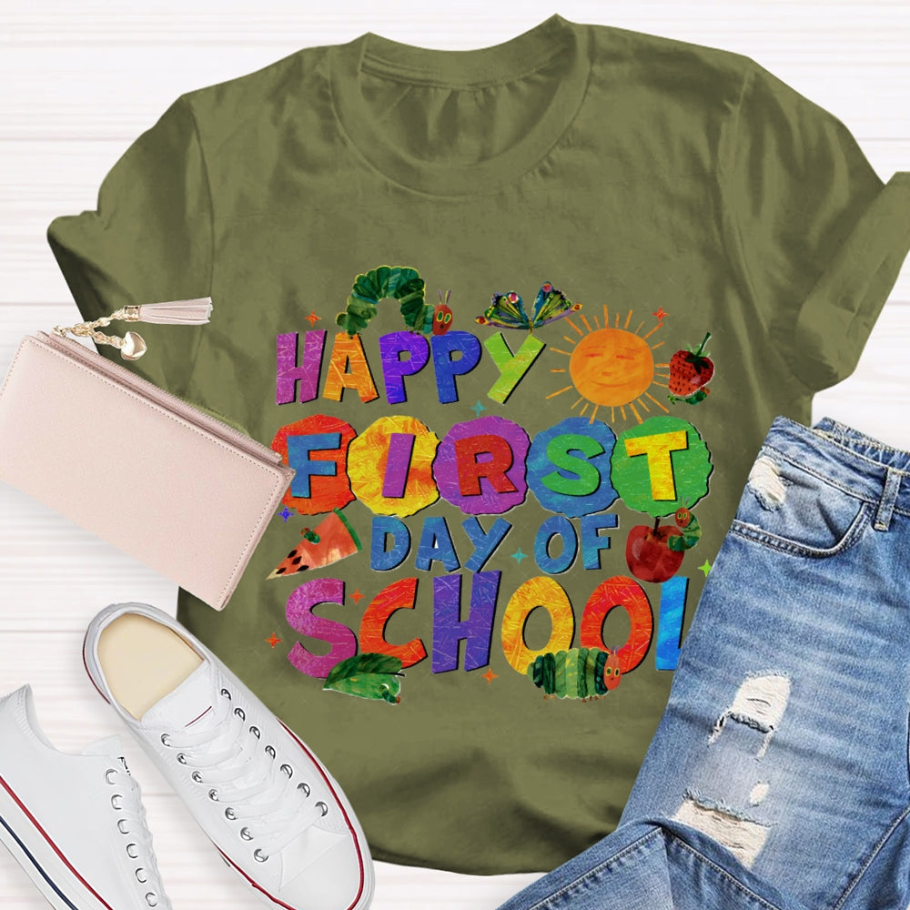 Happy First Day Of School Sun And Caterpillar Teacher T-shirt