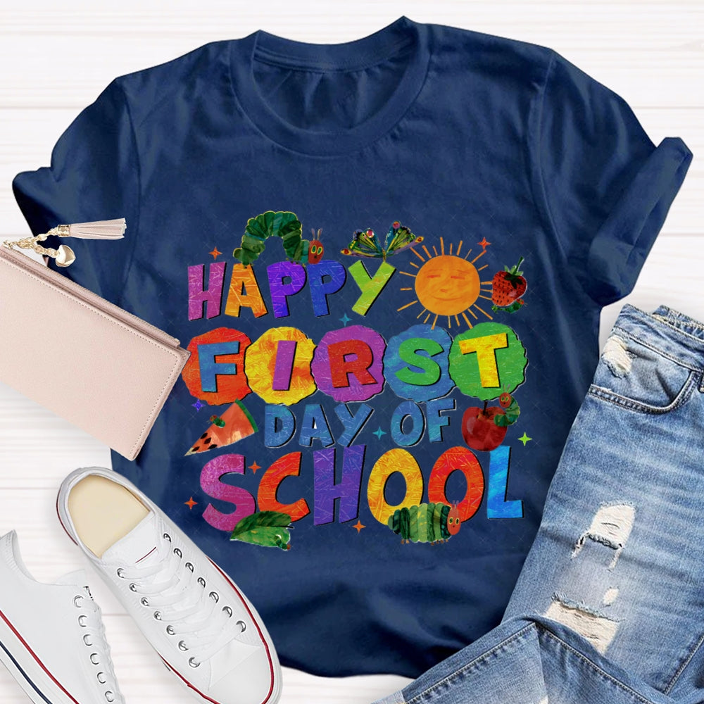 Happy First Day Of School Sun And Caterpillar Teacher T-shirt