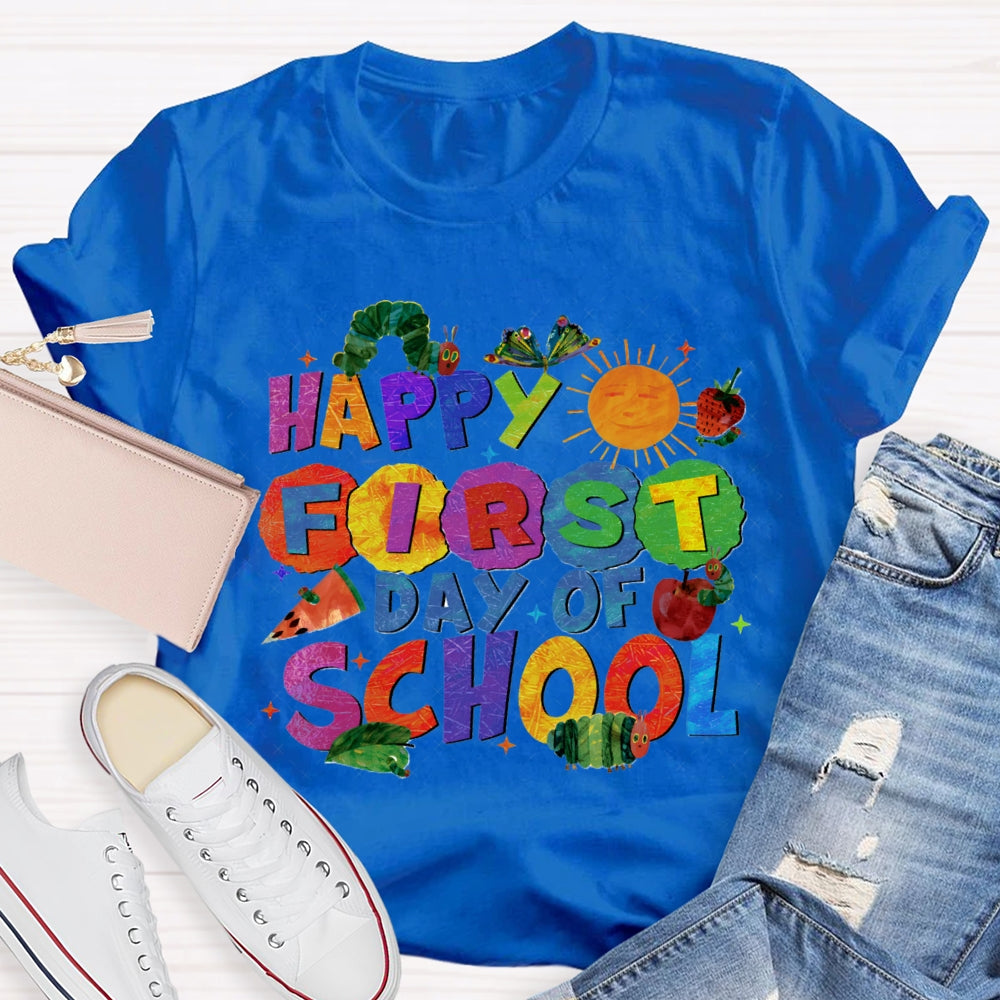 Happy First Day Of School Sun And Caterpillar Teacher T-shirt