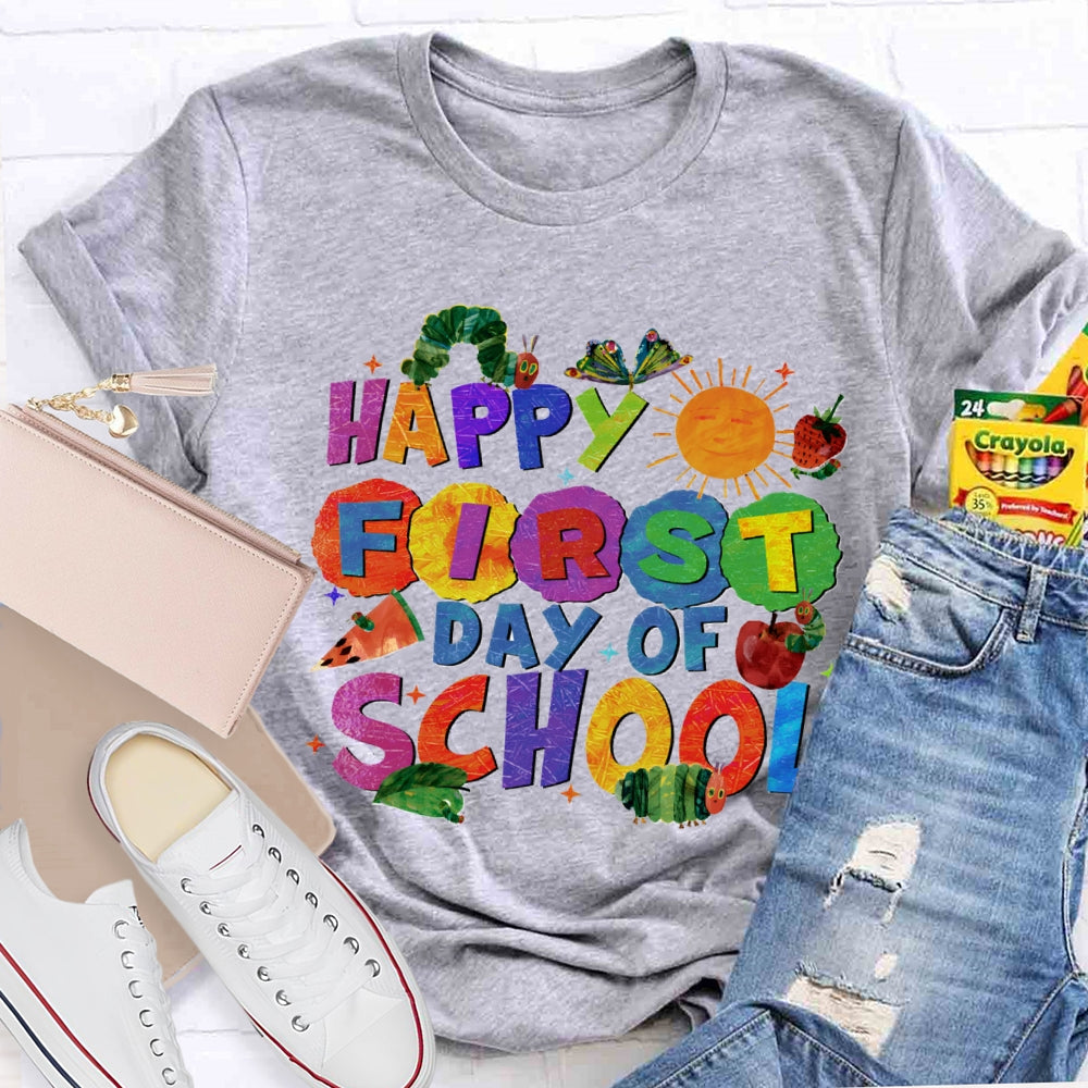 Happy First Day Of School Sun And Caterpillar Teacher T-shirt
