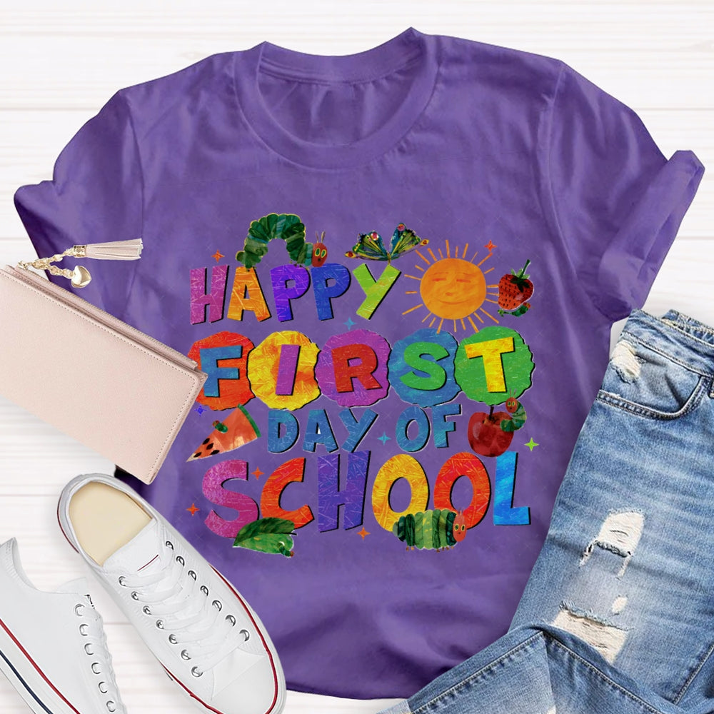 Happy First Day Of School Sun And Caterpillar Teacher T-shirt
