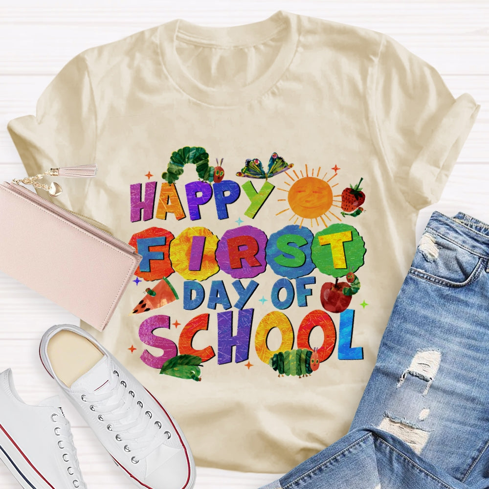 Happy First Day Of School Sun And Caterpillar Teacher T-shirt