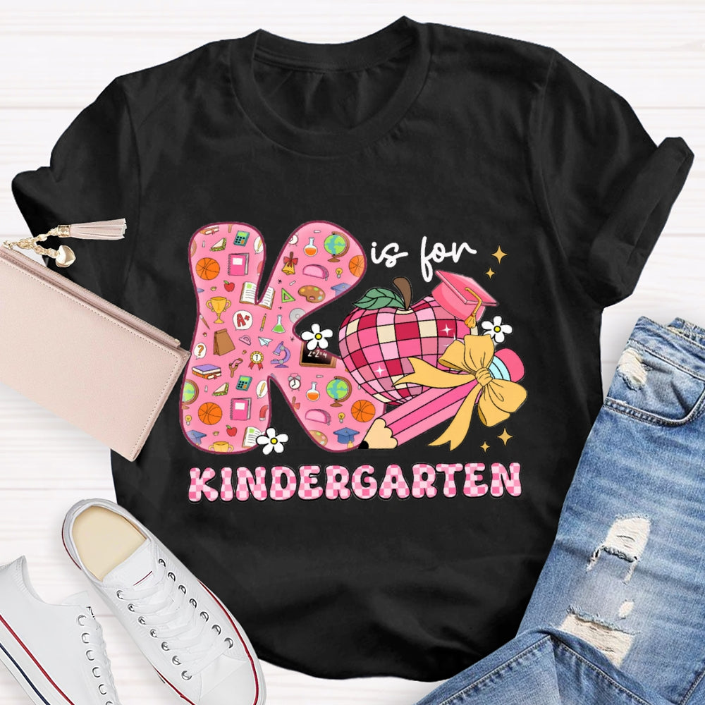 Personalized Grade Kindergarten Pink Bow And Apple Teacher T-shirt