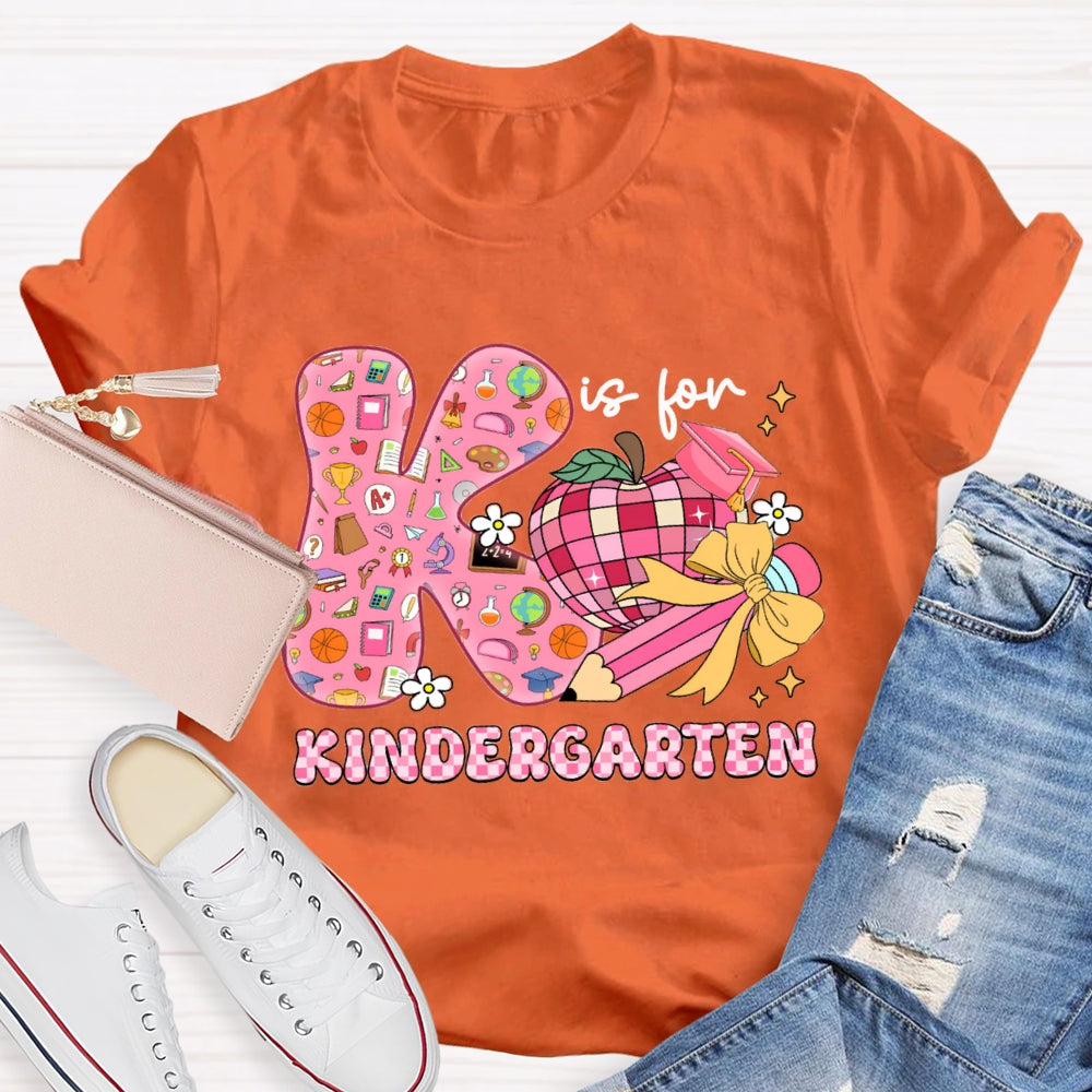 Personalized Grade Kindergarten Pink Bow And Apple Teacher T-shirt