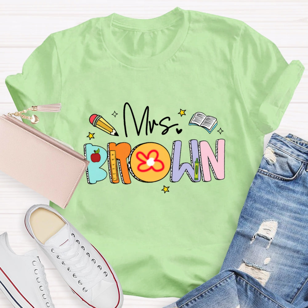 Personalized Name Mrs Brown Colorful Letter Book T-shirt