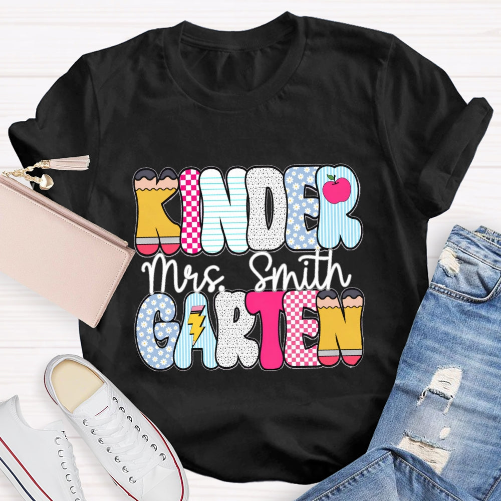 Personalized Kindergarten Teacher Name Checkerboard Polka Dot Design T-Shirt