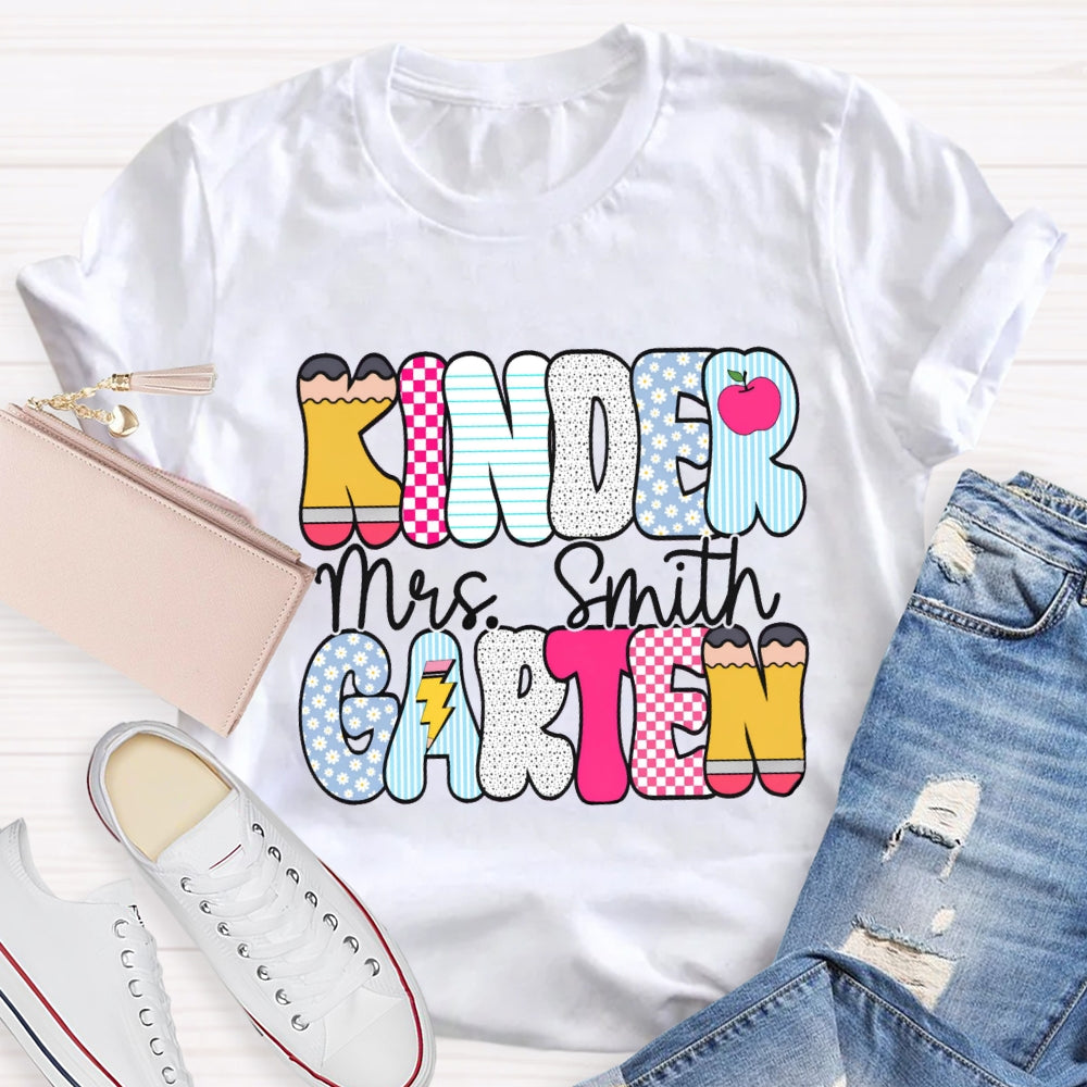 Personalized Kindergarten Teacher Name Checkerboard Polka Dot Design T-Shirt