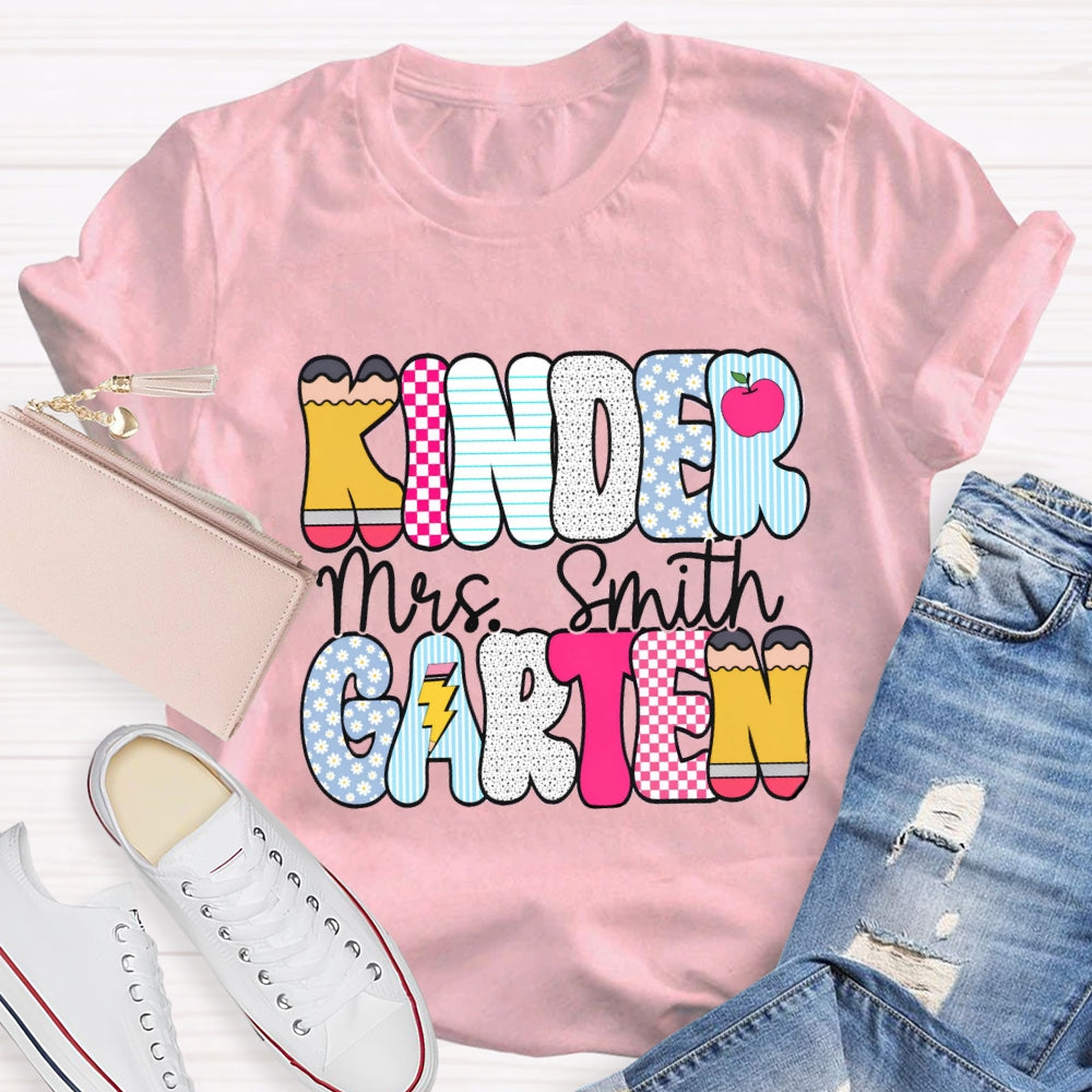 Personalized Kindergarten Teacher Name Checkerboard Polka Dot Design T-Shirt