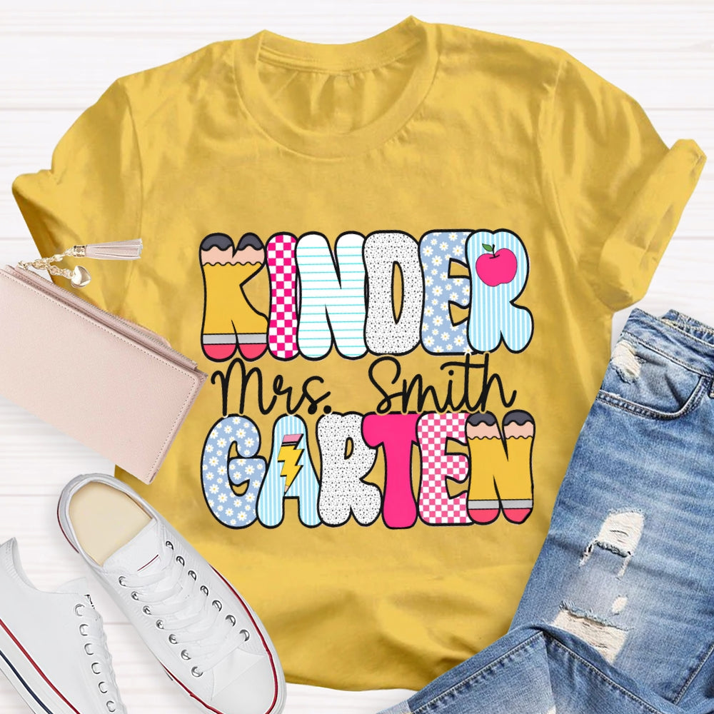 Personalized Kindergarten Teacher Name Checkerboard Polka Dot Design T-Shirt