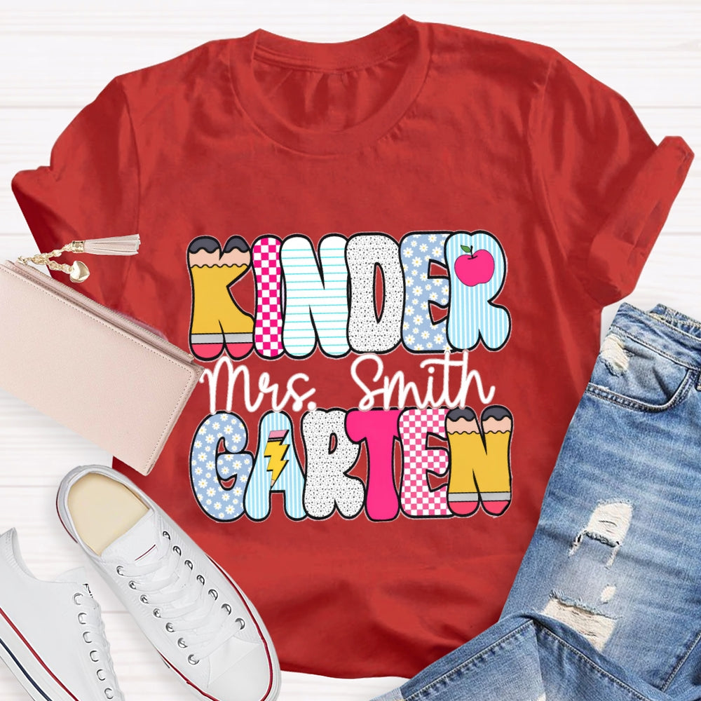 Personalized Kindergarten Teacher Name Checkerboard Polka Dot Design T-Shirt